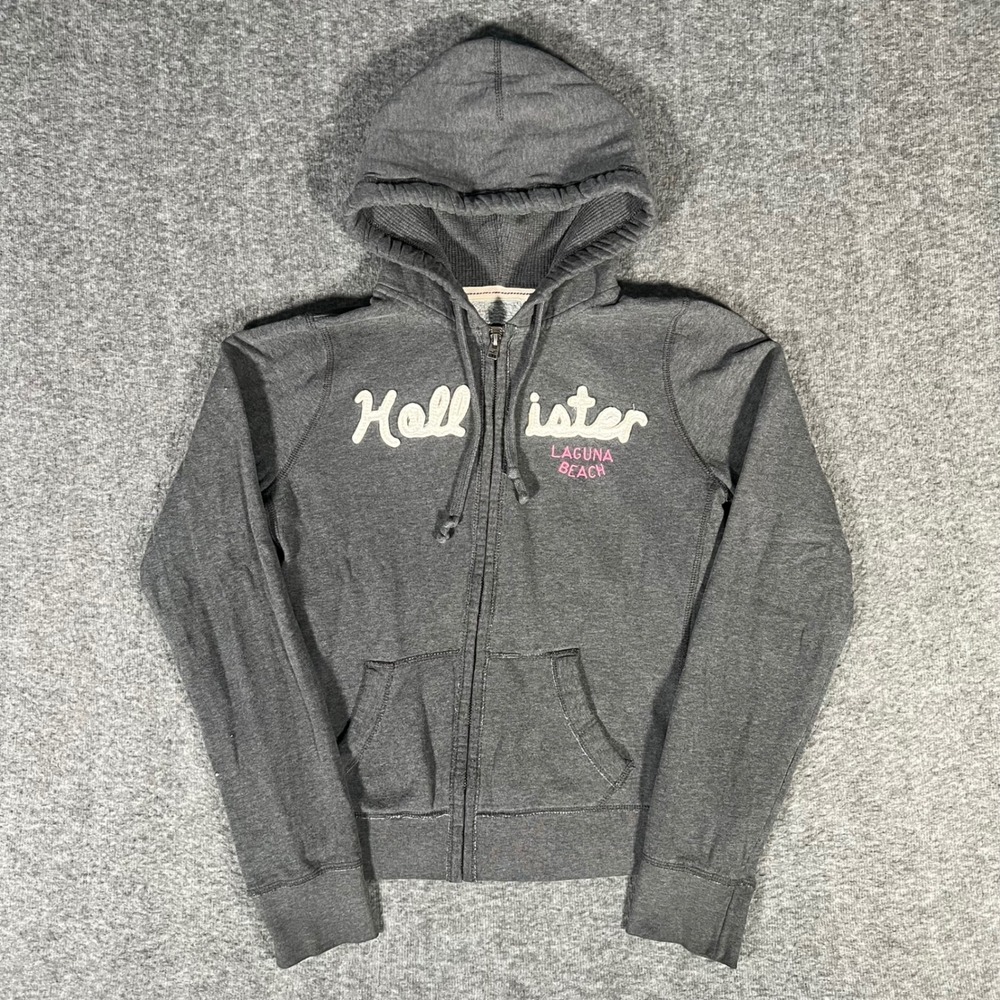 Vintage Y2K Hollister Laguna Beach Full Zip Hoodie Gray Chenille Logo Medium